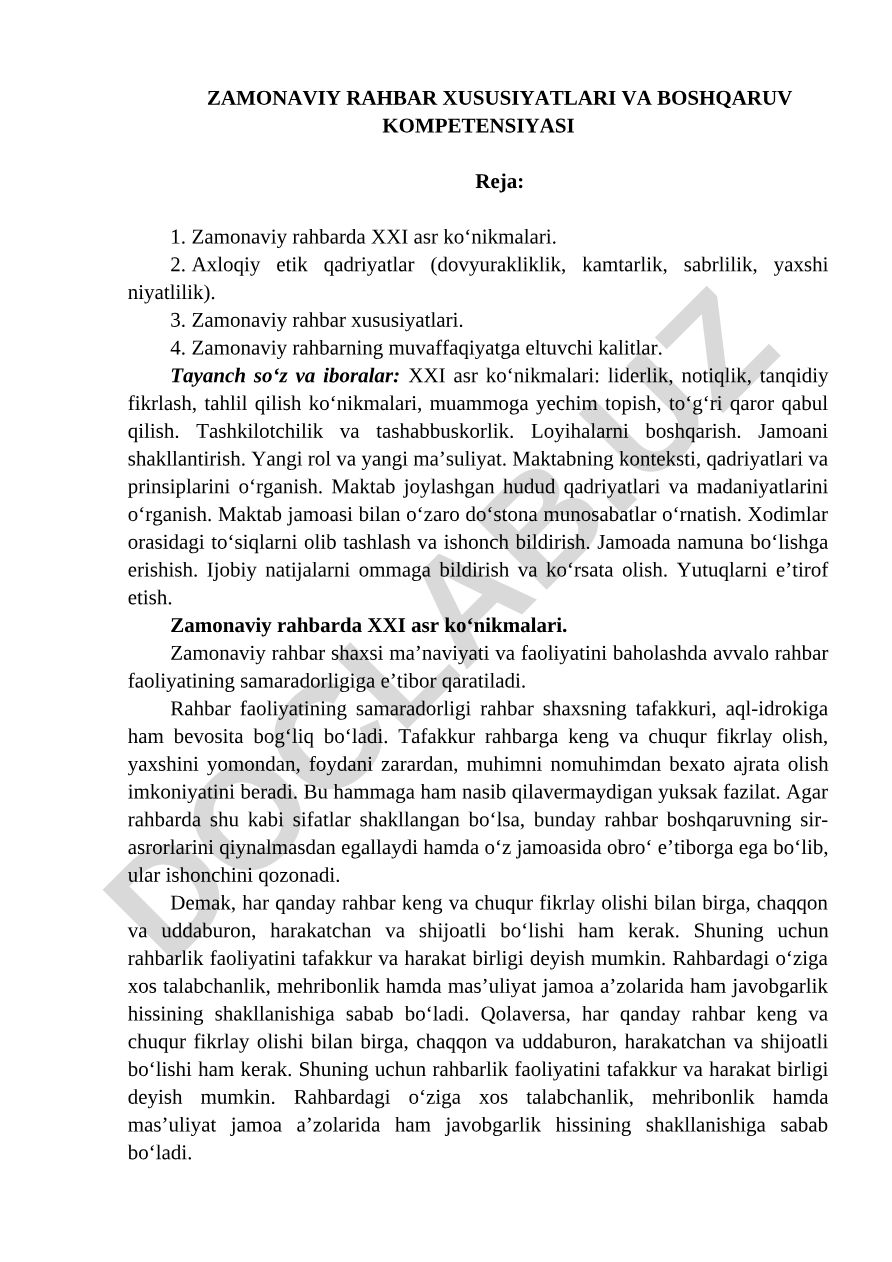 Zamonaviy rahbar xususiyatlari va boshqaruv kompetensiyasi