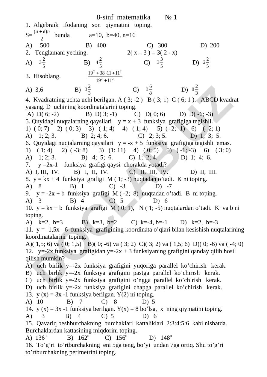 8-sinf matematika test savollari va masalalari
