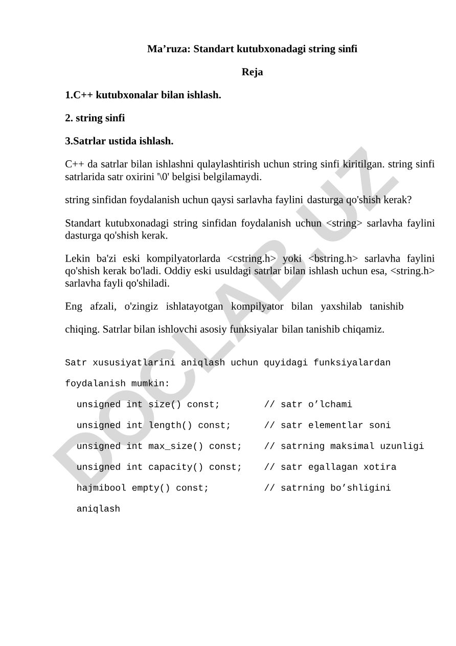 C++ standart kutubxonasida string sinfi va satrlar bilan ishlash
