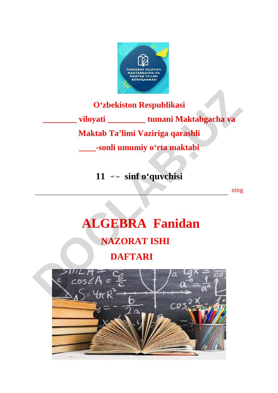 Algebra fanidan nazorat ishi