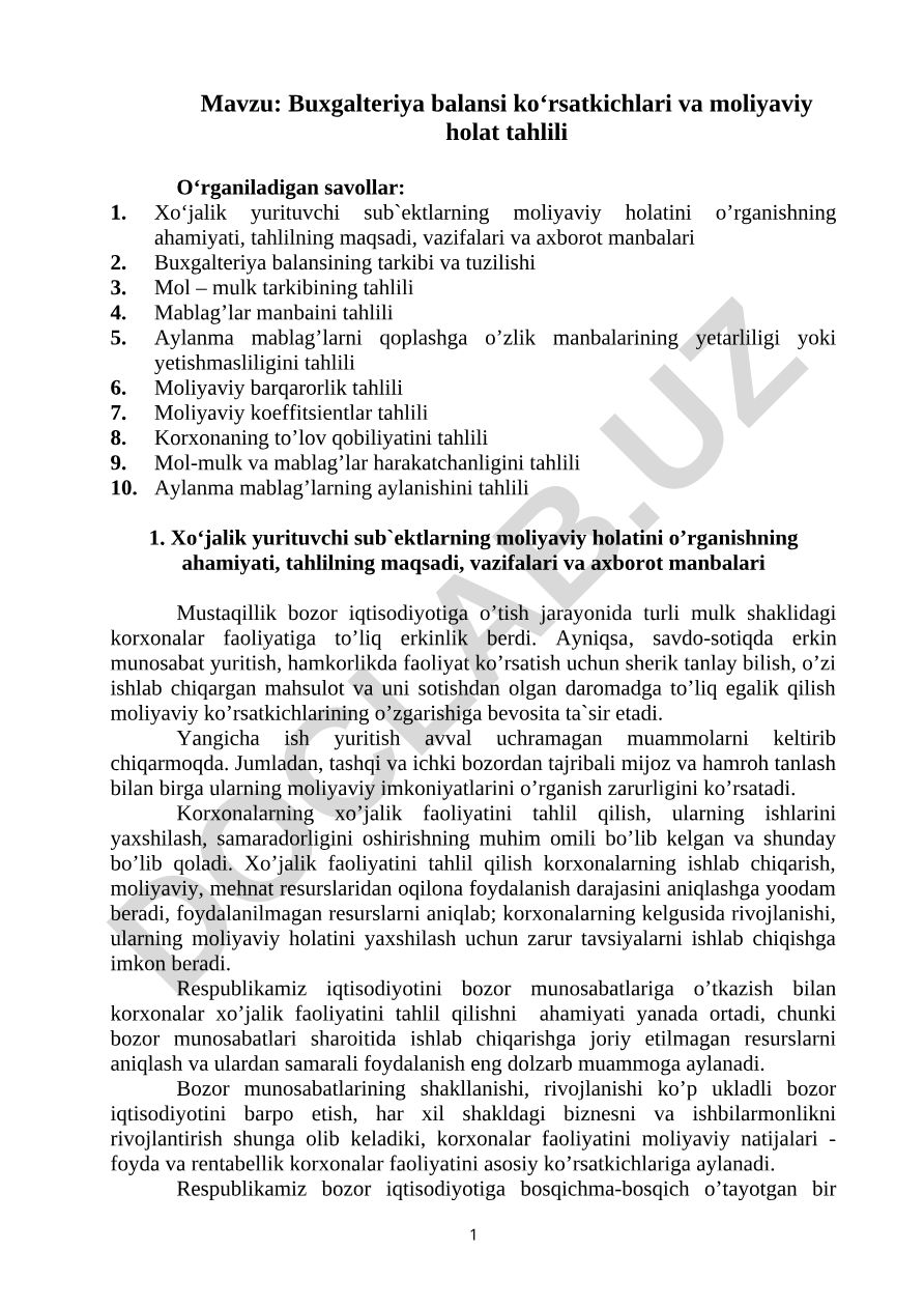 Buxgalteriya balansi ko‘rsatkichlari va mоliyaviy hоlat tahlili
