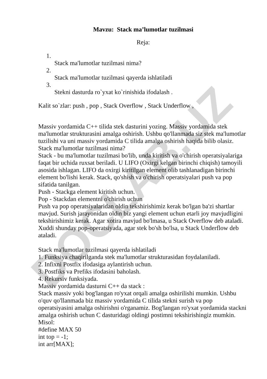 Stack ma’lumotlar tuzilmasi