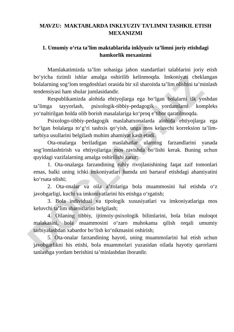 Maktablarda inklyuziv ta’limni tashkil etish mexanizmi