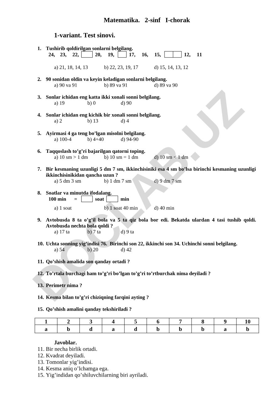 Matematika 2-sinf I-chorak test sinovi