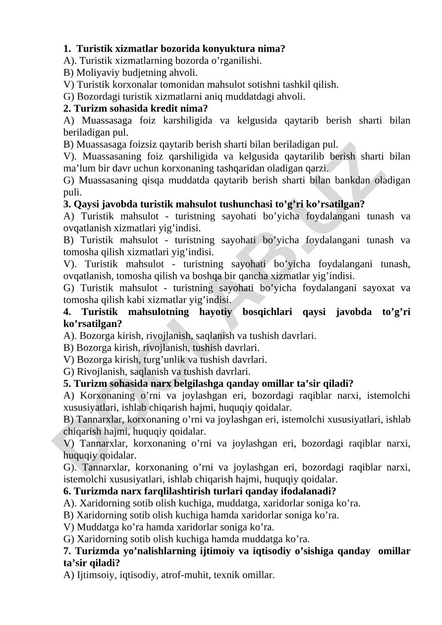 Turizm sohasida test savollari va javoblari