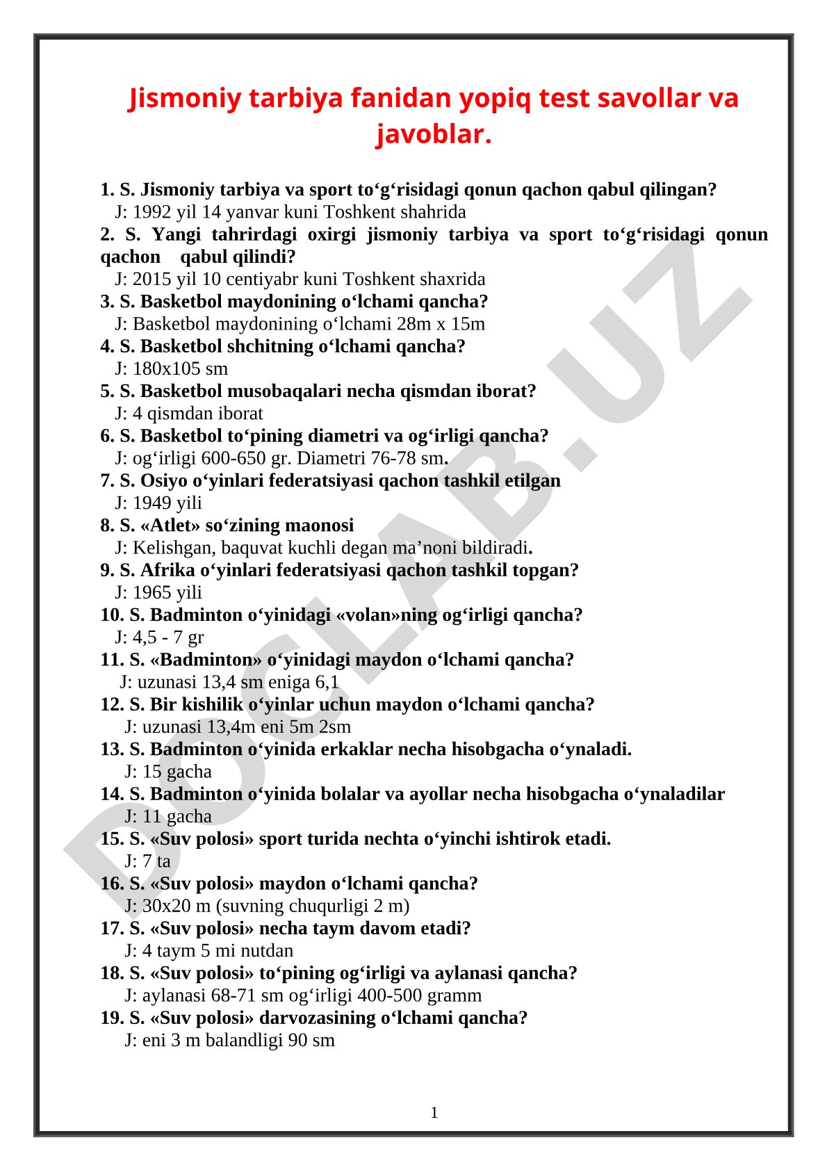 Jismoniy tarbiya fanidan test savollari va javoblari