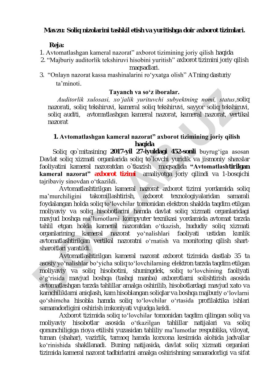 Soliq nizolarini tashkil etish va yuritishga doir axborot tizimlari
