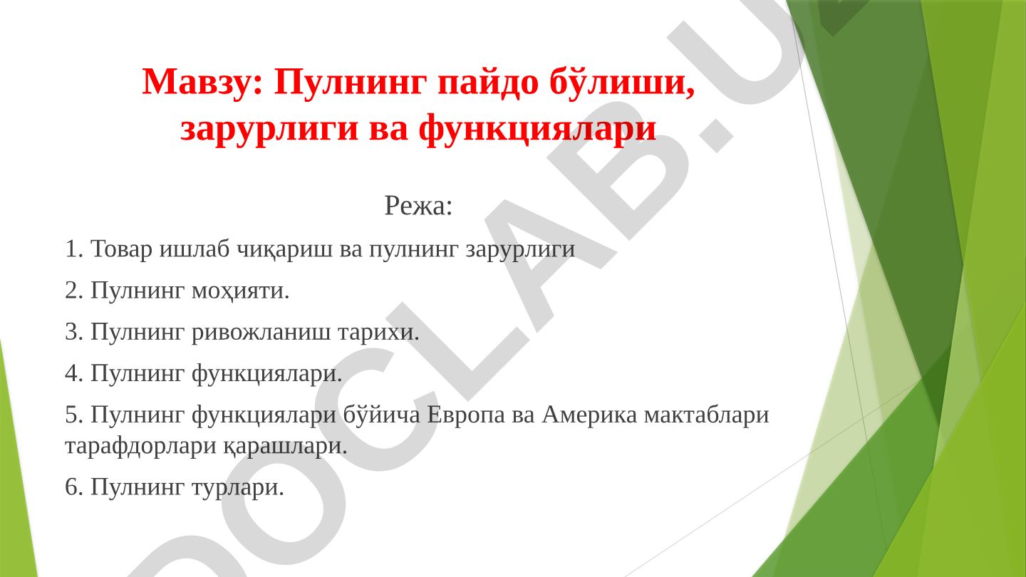 Пулнинг пайдо бўлиши, зарурлиги ва функциялари