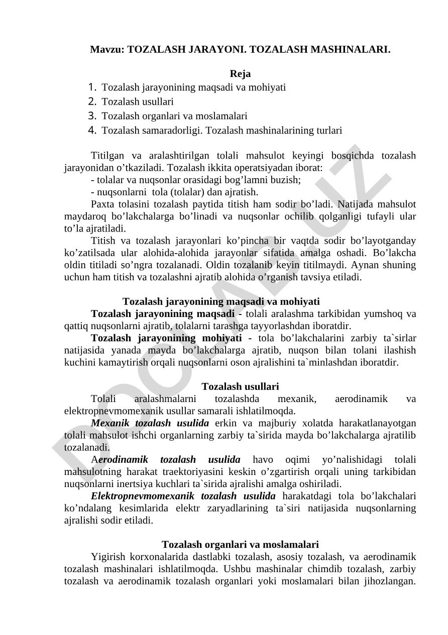 TOZALASH JARAYONI. TOZALASH MASHINALARI