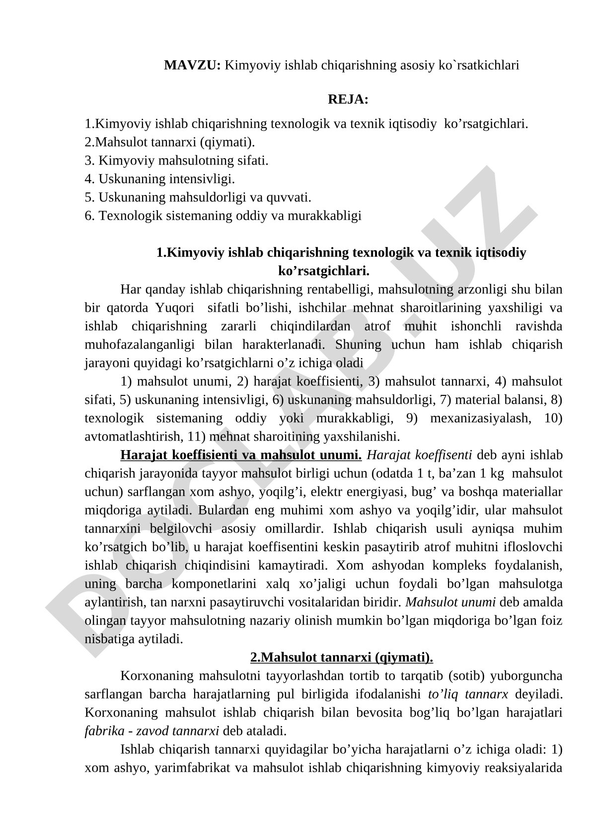 Kimyoviy ishlab chiqarishning asosiy ko`rsatkichlari
