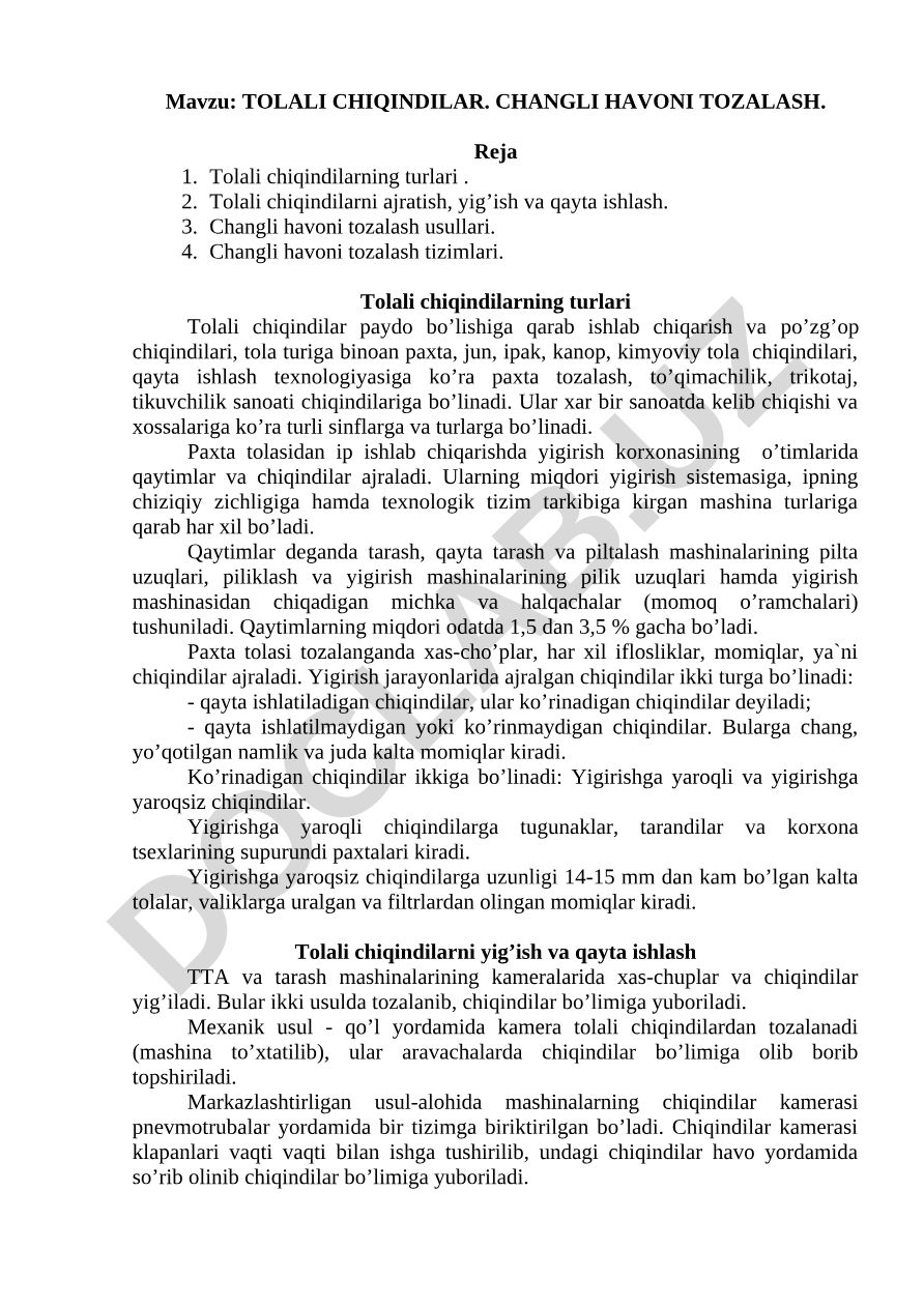 TOLALI CHIQINDILAR. CHANGLI HAVONI TOZALASH