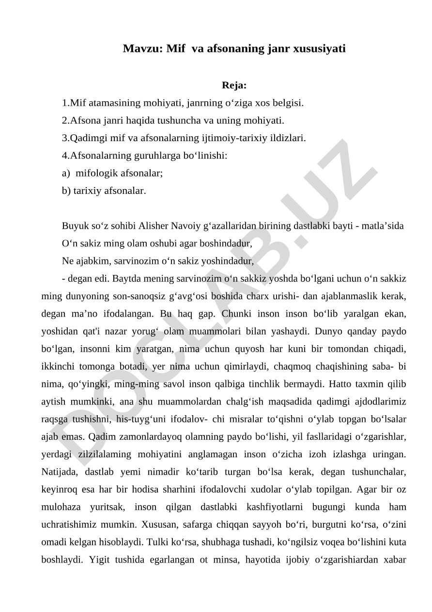 Mif va afsonaning janr xususiyati