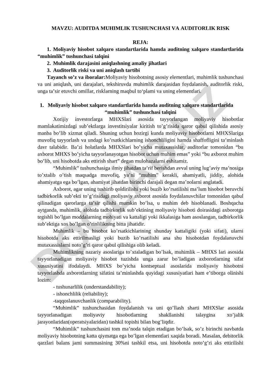 AUDITDA MUHIMLIK TUSHUNCHASI VA AUDITORLIK RISK