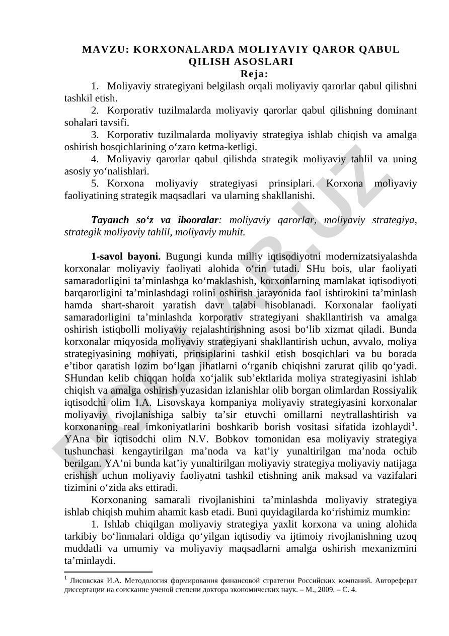KORXONALARDA MOLIYAVIY QAROR QABUL QILISH ASOSLARI