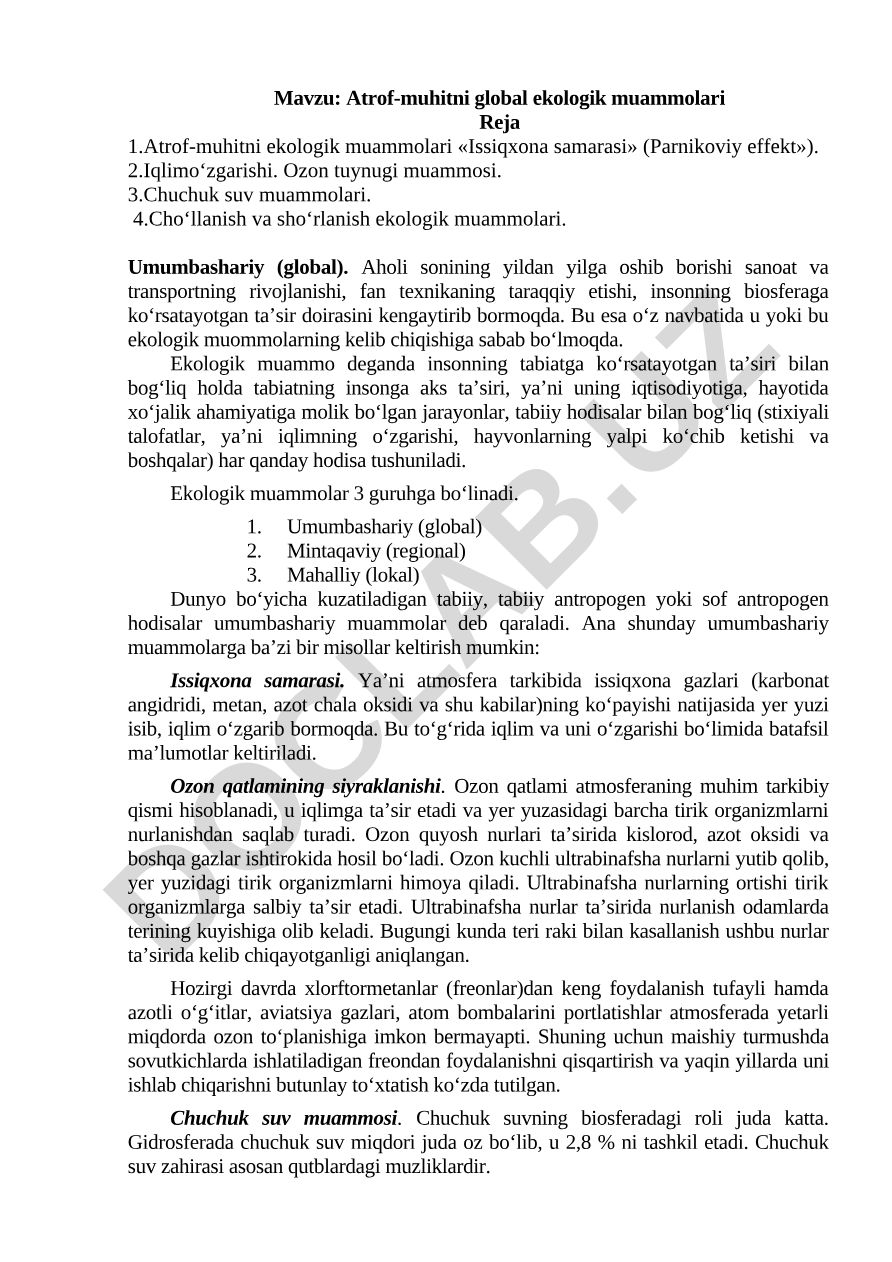 Atrof-muhitni global ekologik muammolari