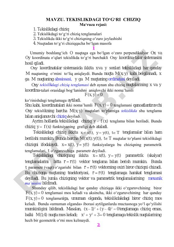 Tekislikdagi to‘g‘ri chiziq