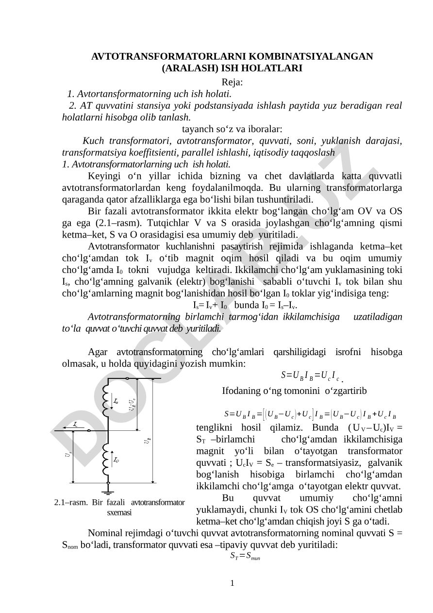 Avtotransformatorlarning uch ish holati va quvvat tanlash