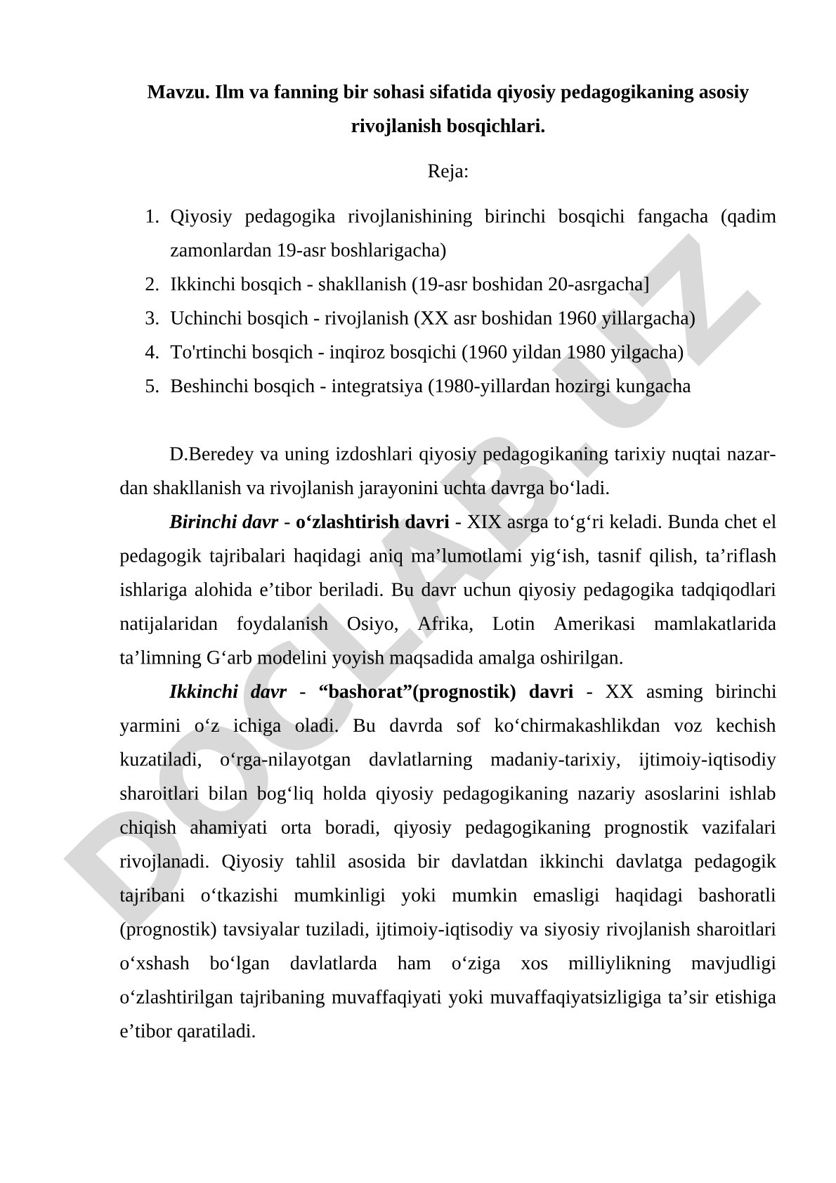 Ilm va fanning bir sohasi sifatida qiyosiy pedagogikaning asosiy rivojlanish bosqichlari