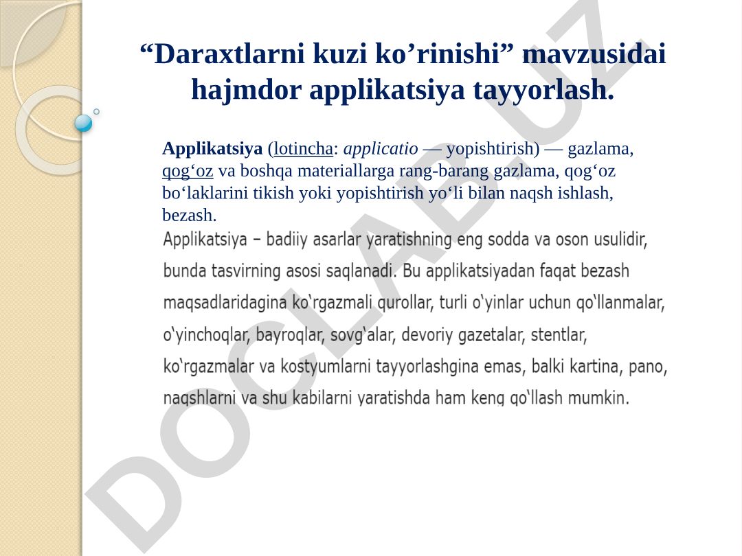 Daraxtlarni kuzi ko'rinishi mavzusidagi hajmdor applikatsiya tayyorlash