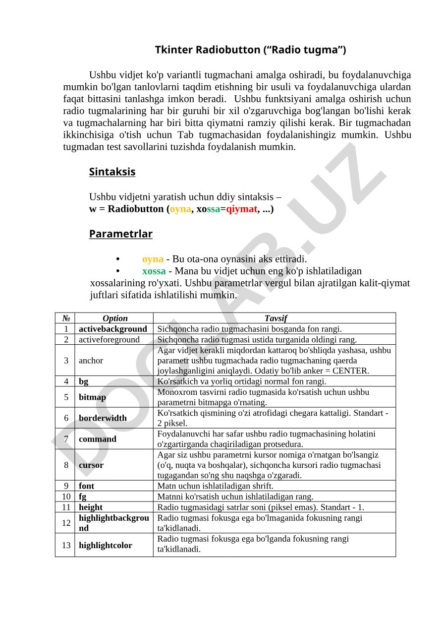 Tkinter Radiobutton (Radio tugma) vidjeti