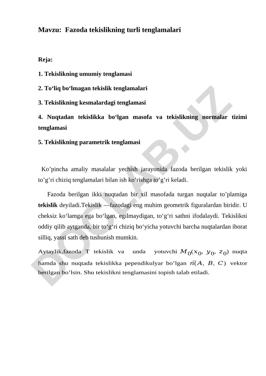 Fazoda tekislikning turli tenglamalari