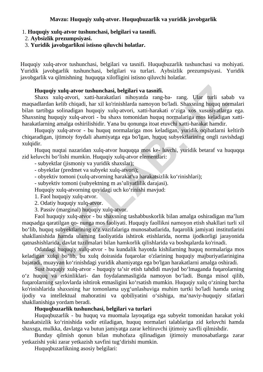 Huquqiy xulq-atvor. Huquqbuzarlik va yuridik javobgarlik