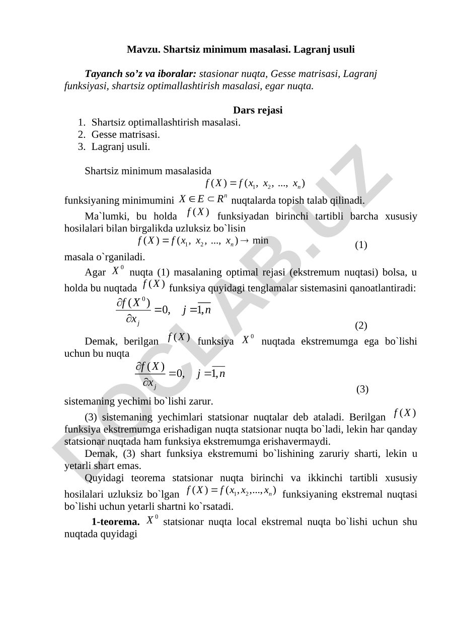Shartsiz minimum masalasi. Lagranj usuli