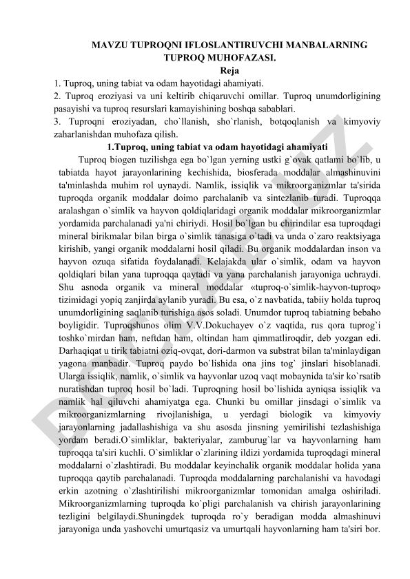 Tuproqni ifloslantiruvchi manbalarning tuproq muhofazasi