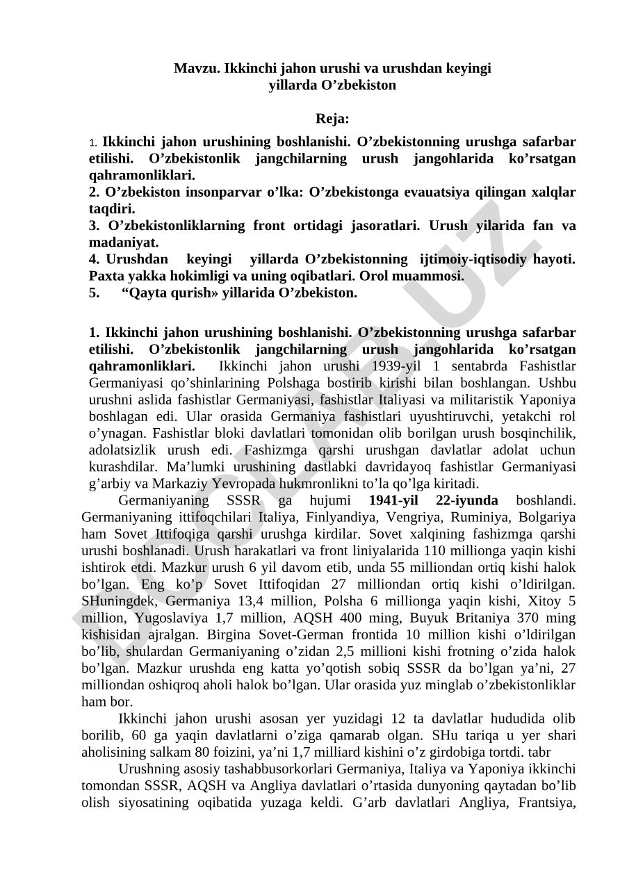 Ikkinchi jahon urushi va urushdan keyingi yillarda O’zbekiston