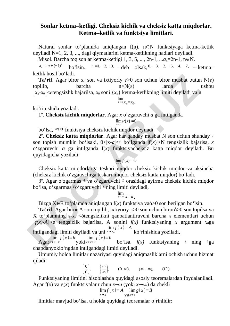 Ketma-ketlik va funktsiya limitlari