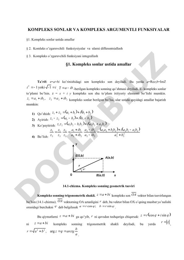 Kompleks sonlar va kompleks argumentli funksiyalar
