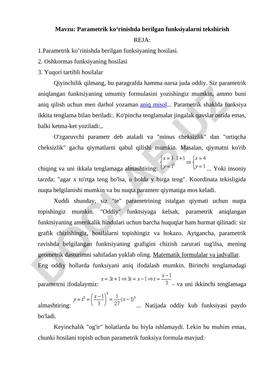 Parametrik ko‘rinishda berilgan funksiyalarni tekshirish