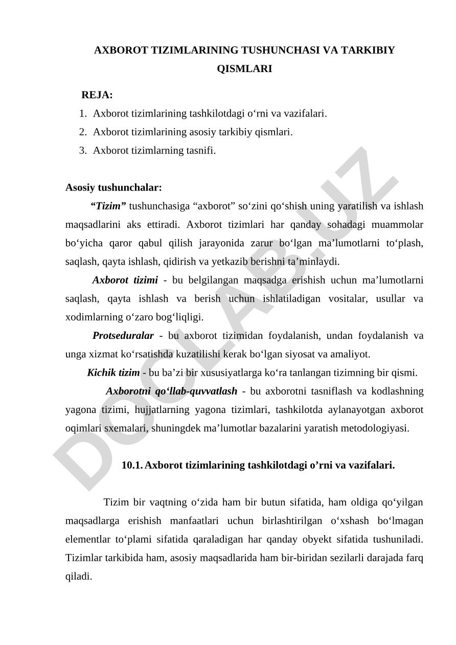 Axborot tizimlarining tushunchasi va tarkibiy qismlari
