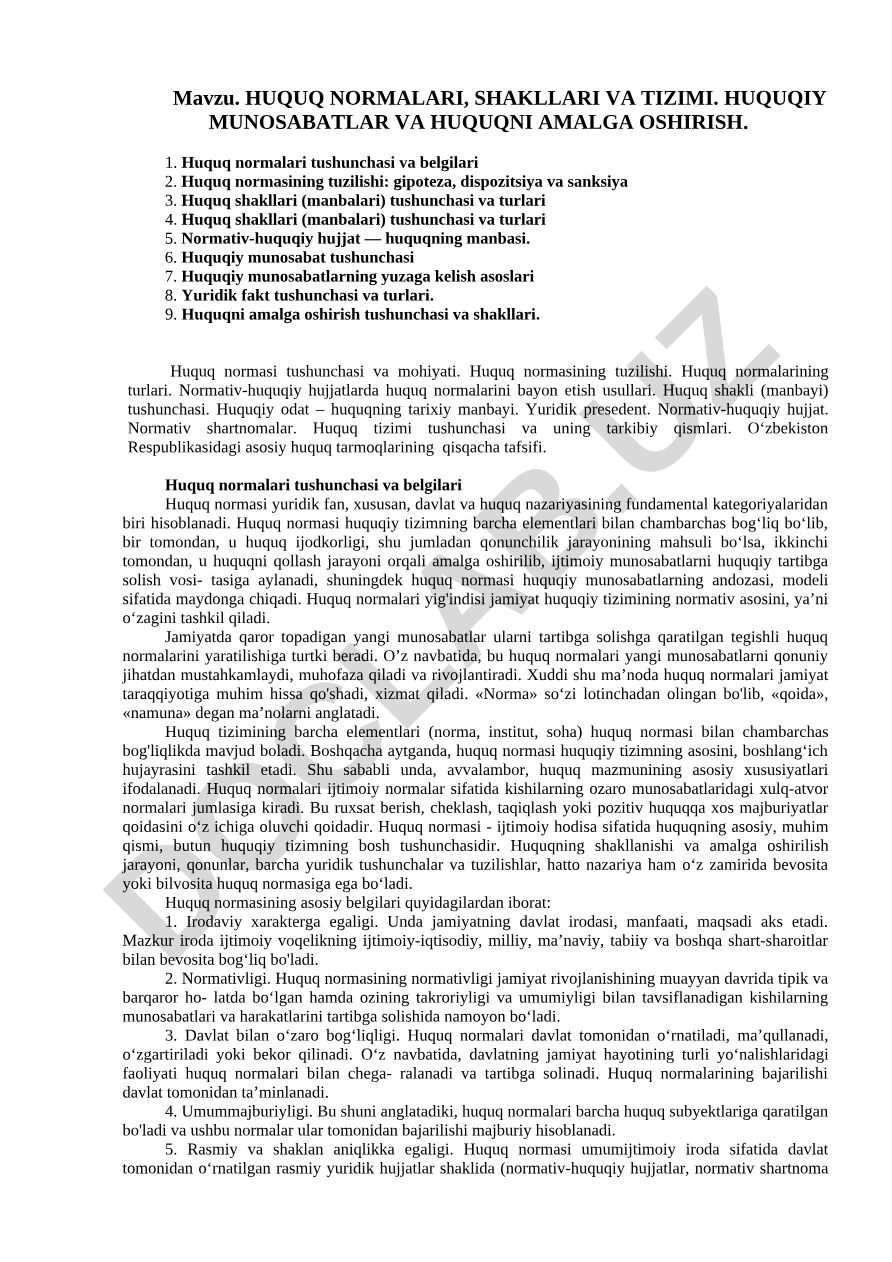 HUQUQ NORMALARI, SHAKLLARI VA TIZIMI. HUQUQIY MUNOSABATLAR VA HUQUQNI AMALGA OSHIRISH