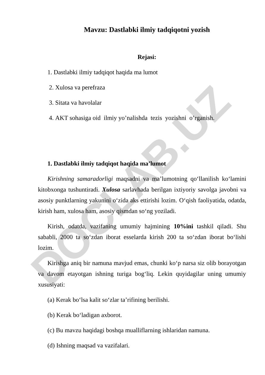 Dastlabki ilmiy tadqiqotni yozish Rejasi