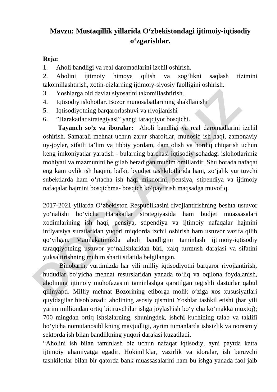 Mustaqillik yillarida O‘zbekistondagi ijtimoiy-iqtisodiy o‘zgarishlar