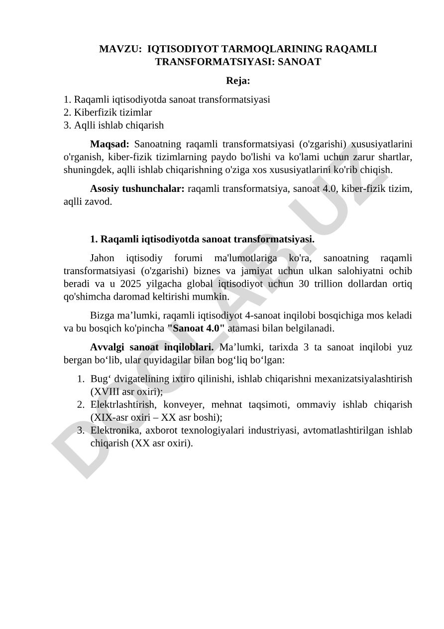 Iqtisodiyot tarmoqlarining raqamli transformatsiyasi: sanoat
