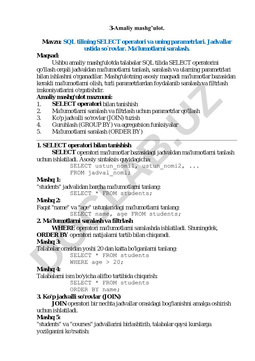 SQL tilining SELECT operatori va uning parametrlari