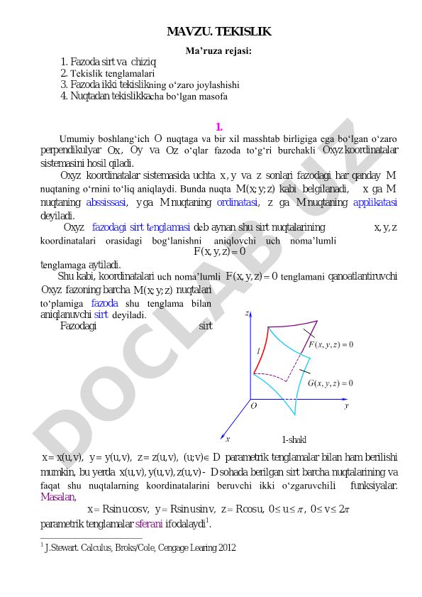 TEKISLIK Ma'ruza rejasi