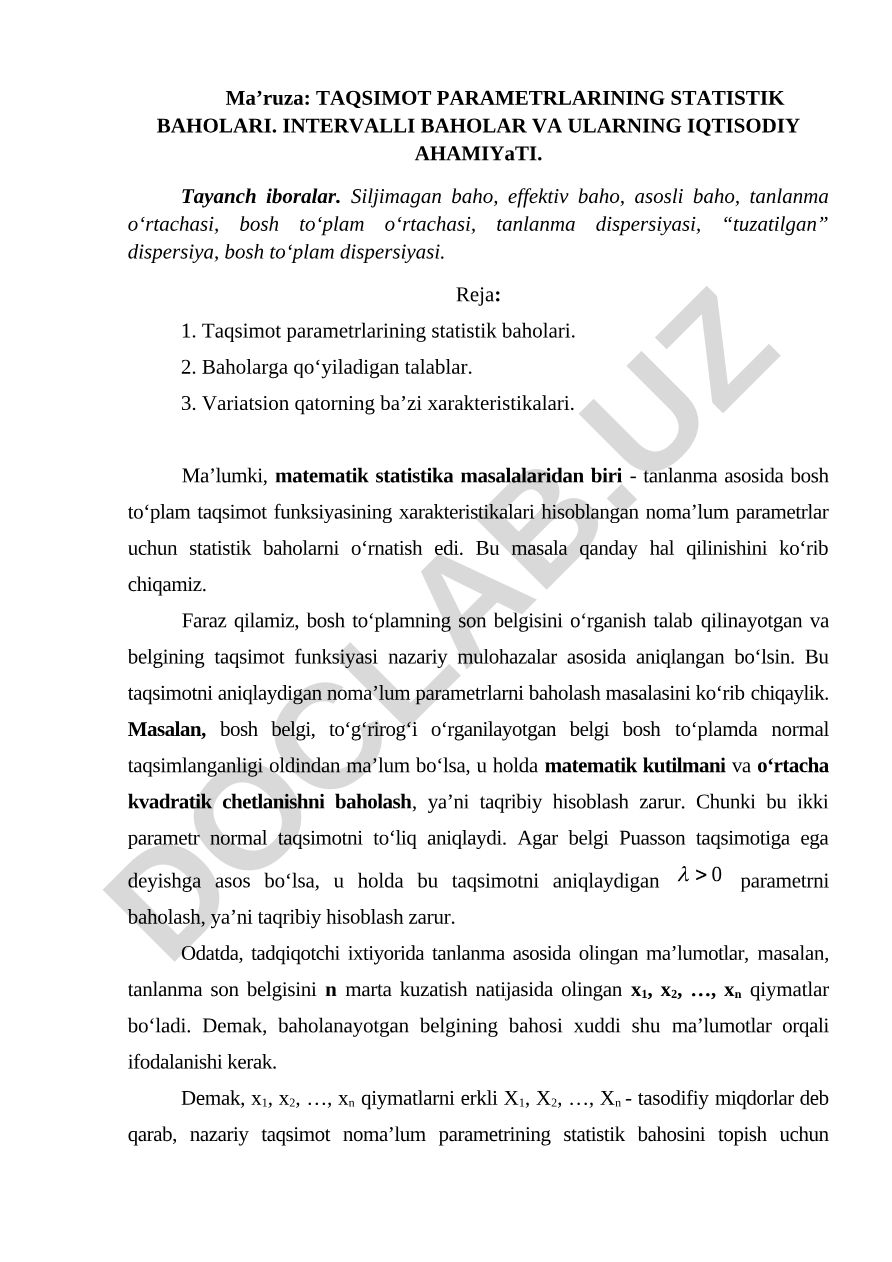 Taqsimot parametrlarining statistik baholari. Intervalli baholar va ularning iqtisodiy ahamiyati