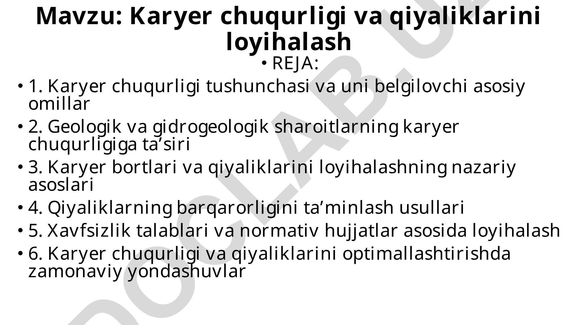 Karyer chuqurligi va qiyaliklarini loyihalash