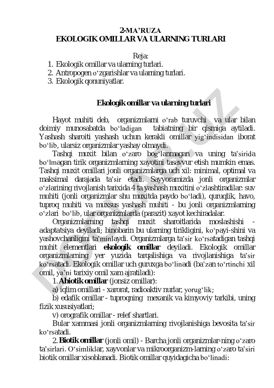 Ekologik omillar va ularning turlari
