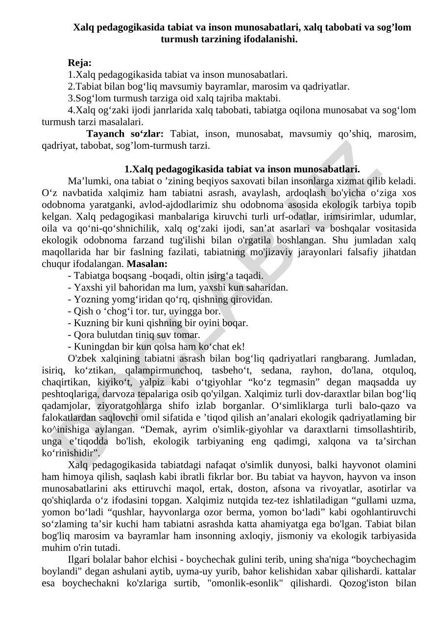 Xalq pedagogikasida tabiat va inson munosabatlari, xalq tabobati va sog‘lom turmush tarzining ifodalanishi