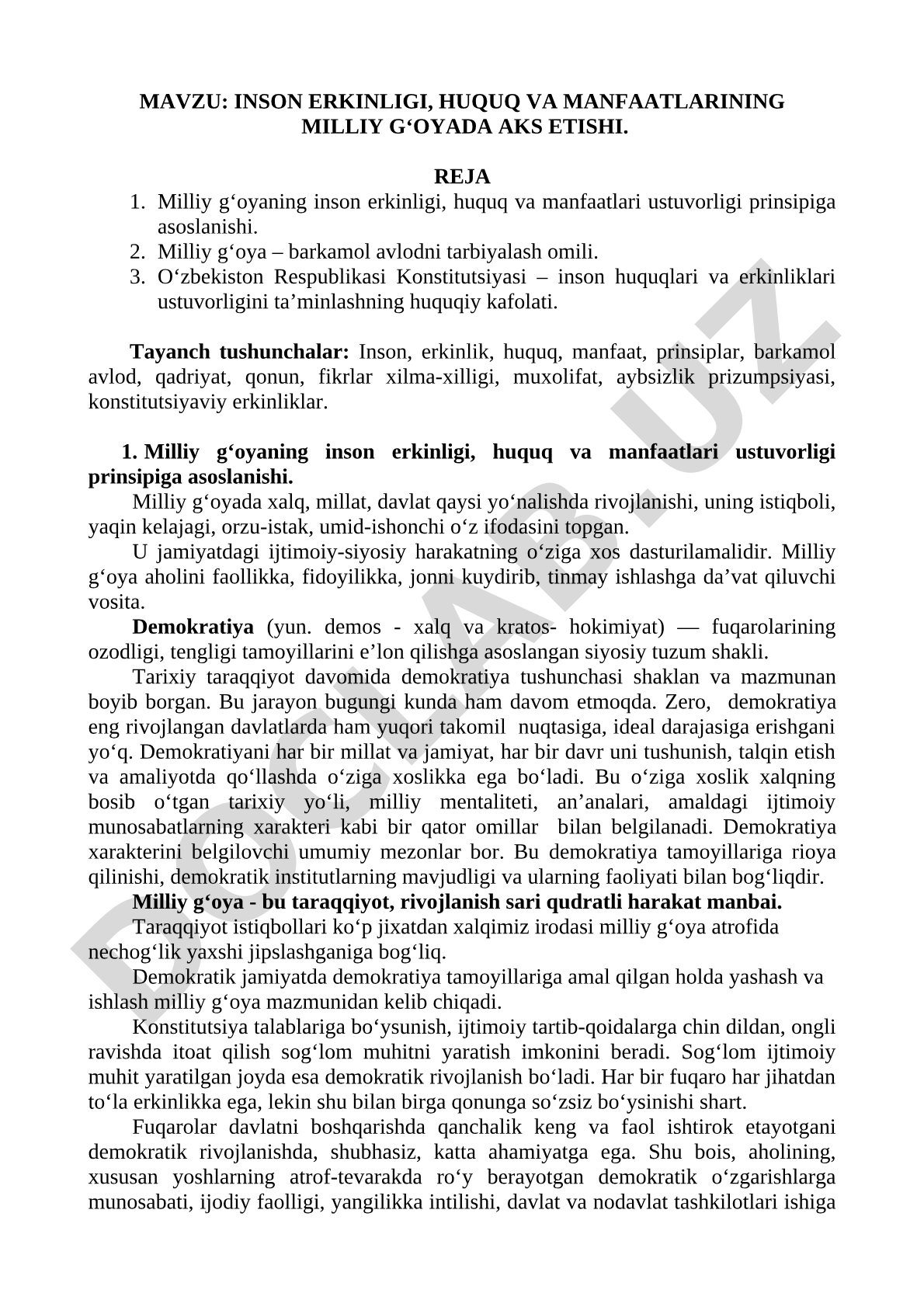 Inson erkinligi, huquq va manfaatlarining milliy g‘oyada aks etishi