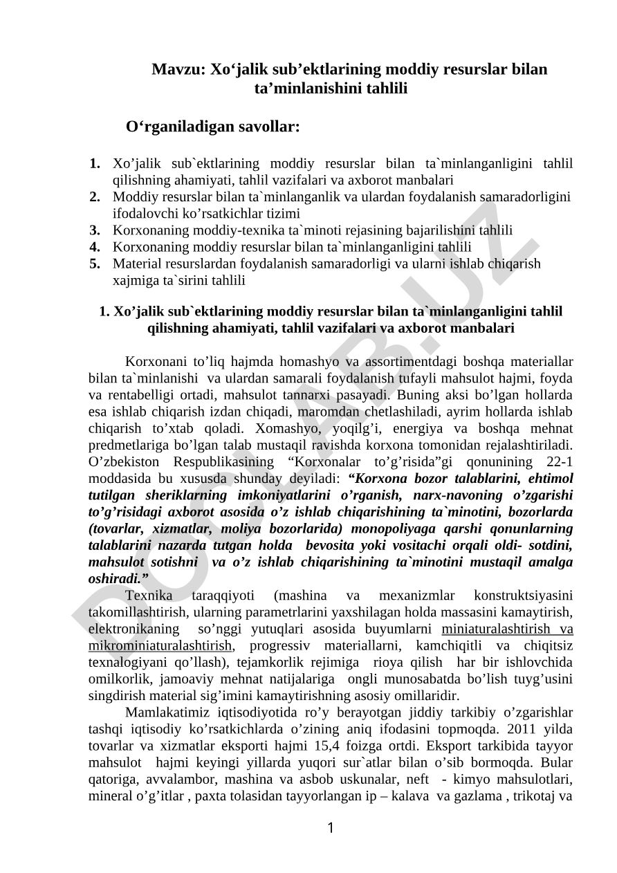 Xo‘jalik sub’ektlarining mоddiy resurslar bilan ta’minlanishini tahlili