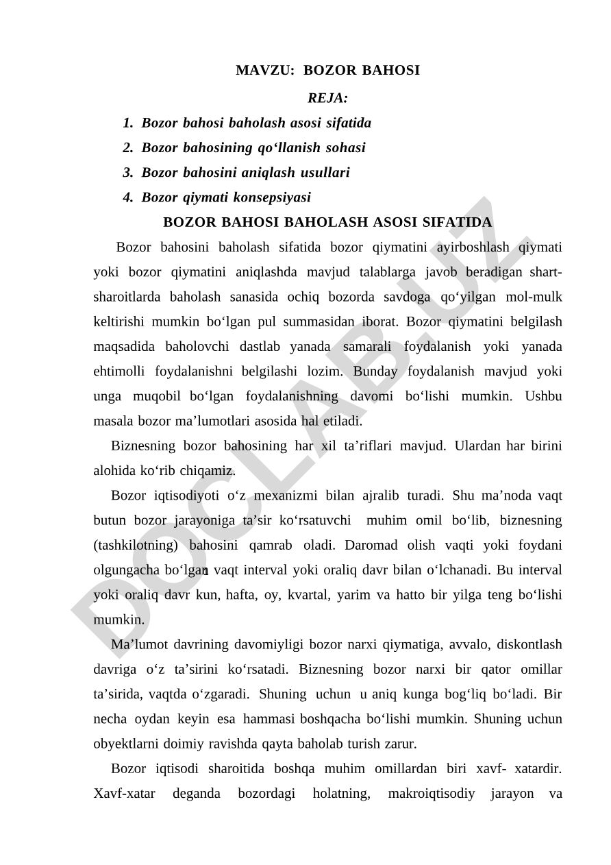 BOZOR BAHOSI REJA: Bozor bahosi baholash asosi sifatida