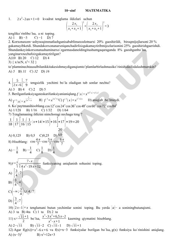 10-sinf matematika masalalari to'plami