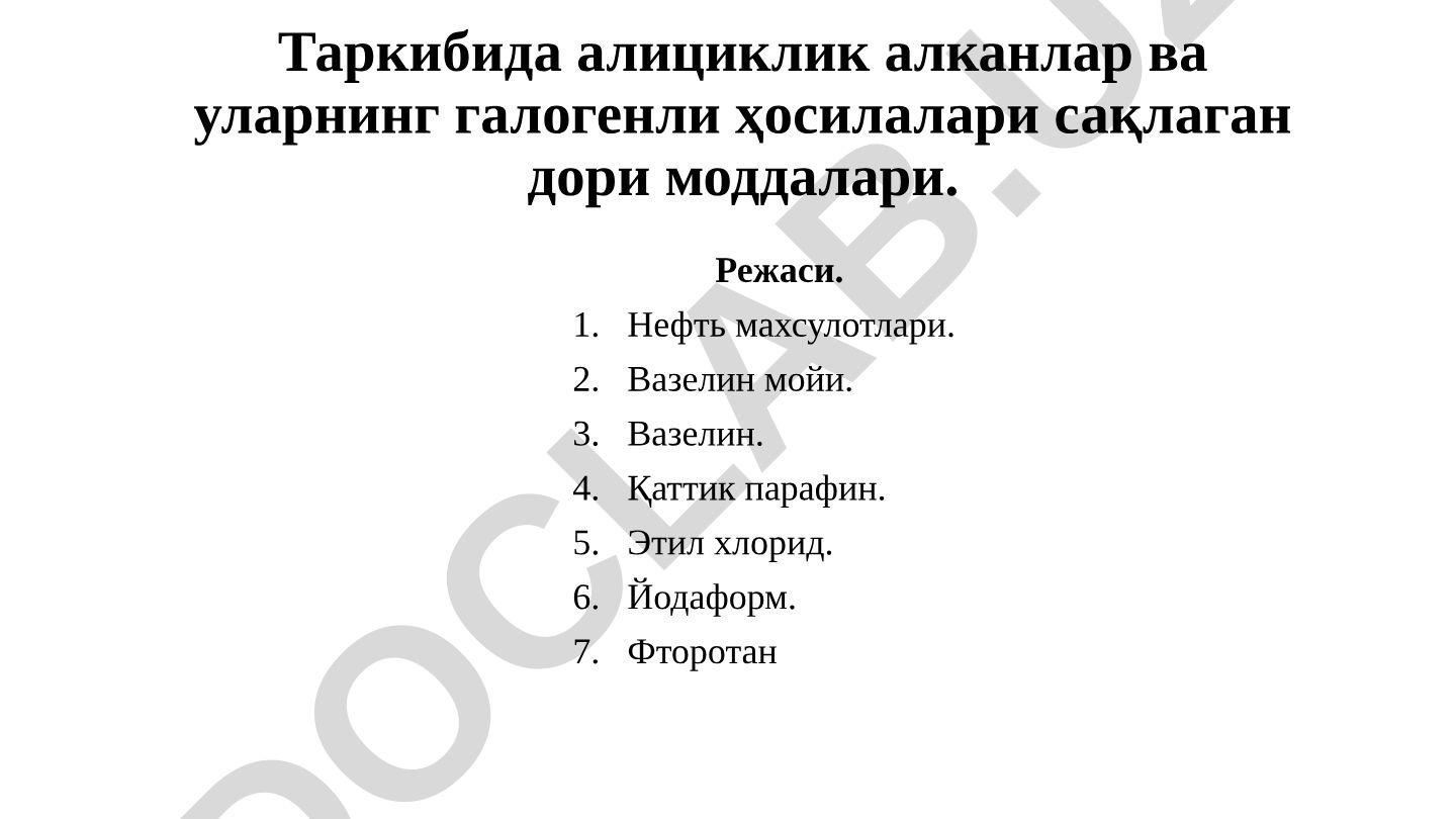 Алициклик алканлар ва уларнинг галогенли ҳосилалари сақлаган дори моддалари