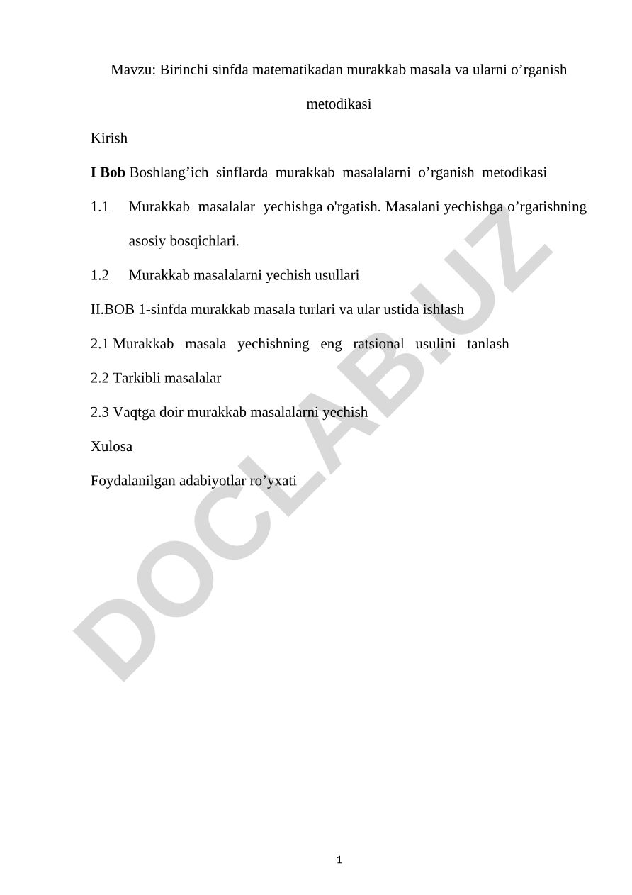 Birinchi sinfda matematikadan murakkab masala va ularni o’rganish metodikasi