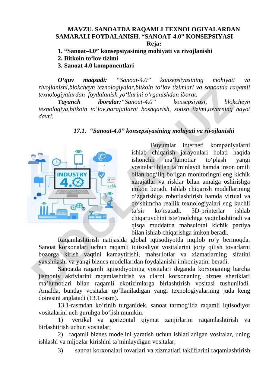 SANOATDA RAQAMLI TEXNOLOGIYALARDAN SAMARALI FOYDALANISH. “SANOAT-4.0” KONSEPSIYASI